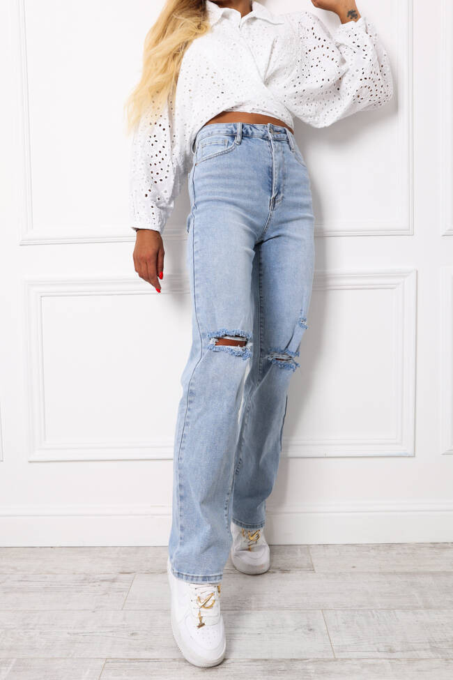 SPODNIE JEANSOWE Z WYSOKIM STANEM I DZIURAMI NA KOLANACH