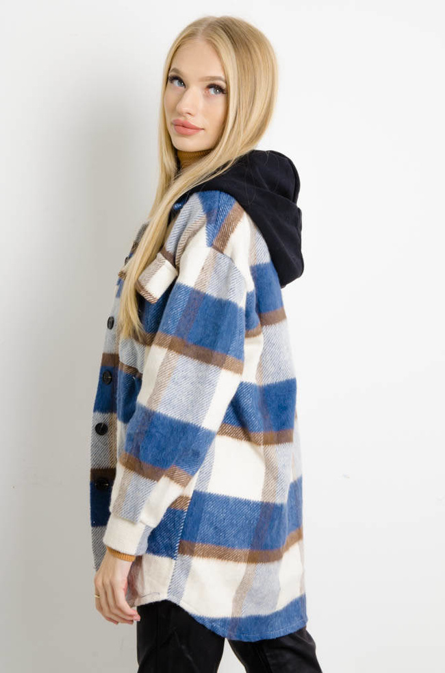 GRANATOWA KURTKA KOSZULA W KRATĘ Z KAPTUREM