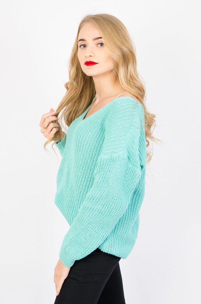 AKRYLOWY SWETER OVERSIZE Z DEKOLTEM W SEREK- TURKUSOWY