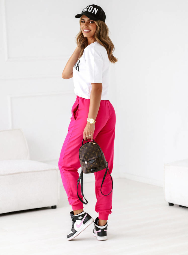 KOMPLET DRESOWY Z NAPISEM T-SHIRT+ SPODNIE- FUKSJA 