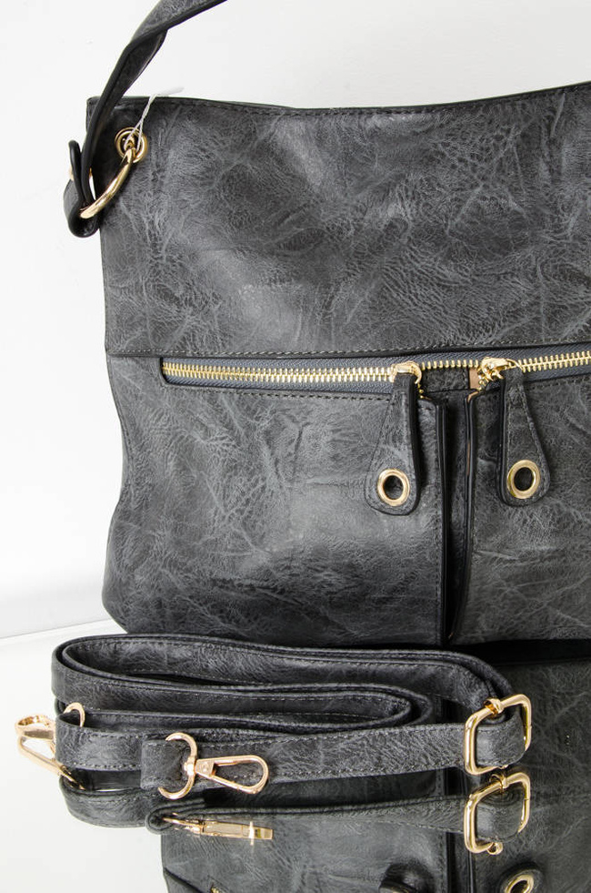 SZARA TOREBKA SHOPPER Z OZDOBNYM PRZESZYCIEM I ZAMKAMI