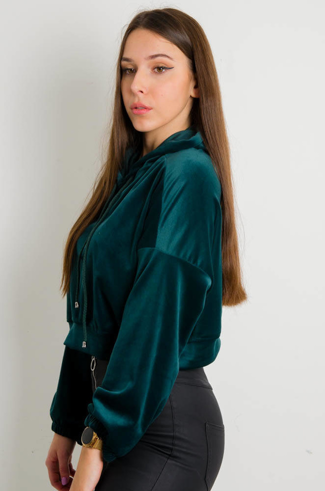 ZIELONA WELUROWA BLUZA Z KAPTUREM -LUŹNY KRÓJ