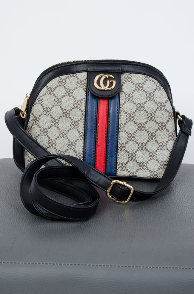 Wzorzysta torebka z czerwono-granatowym paskiem na przodzie