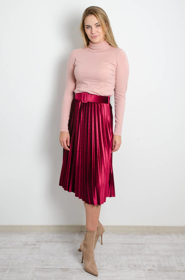 BORDOWA WELUROWA PLISOWANA SPÓDNICA Z PASKIEM-MIDI