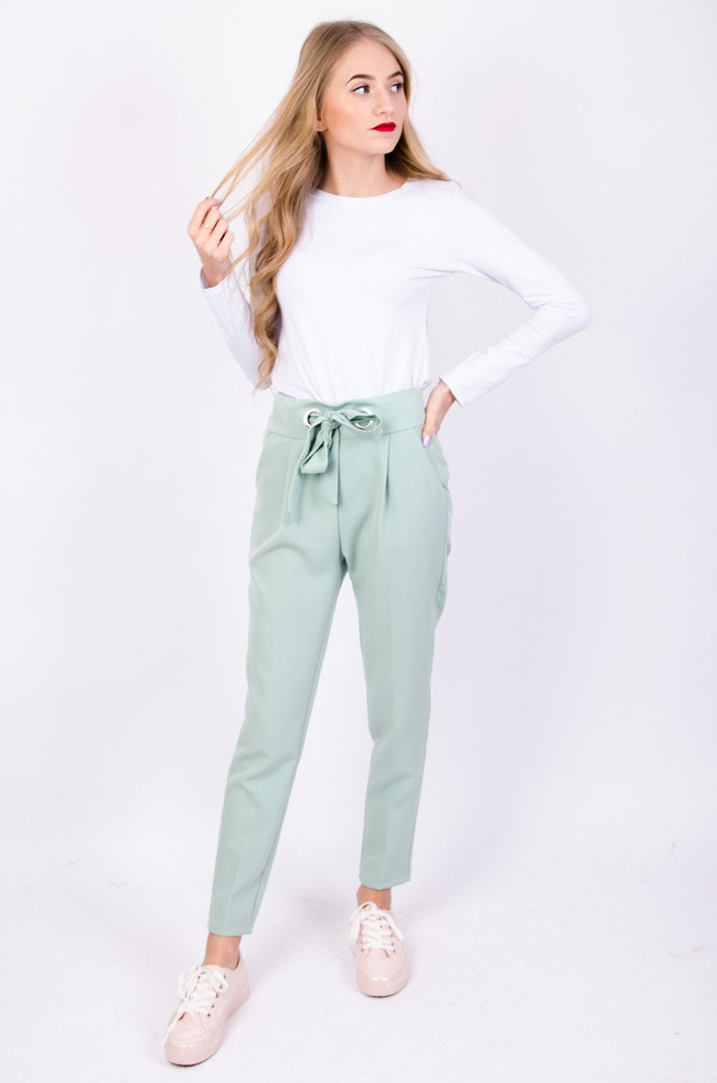 ZIELONE ELEGANCKIE SPODNIE Z WIĄZANIEM W PASIE 