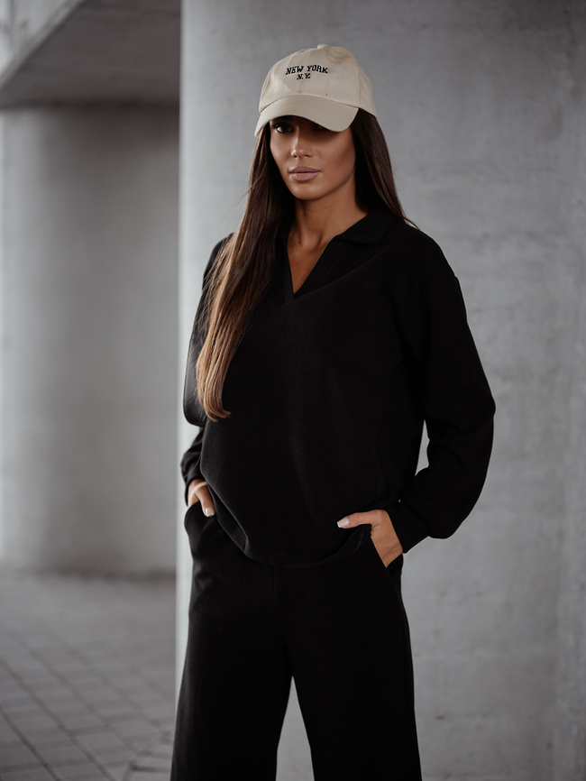 KOMPLET DZIANINOWY SWETERKOWA BLUZA+ SPODNIE- CZARNY