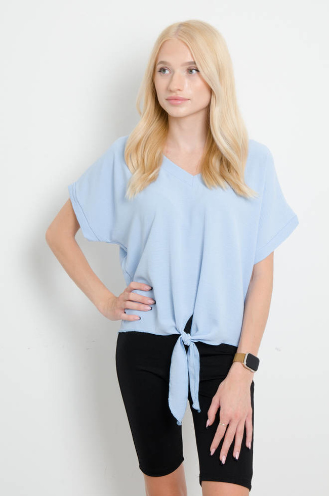 BLUZKA Z WIĄZANIEM DEKOLT V - NIEBIESKA