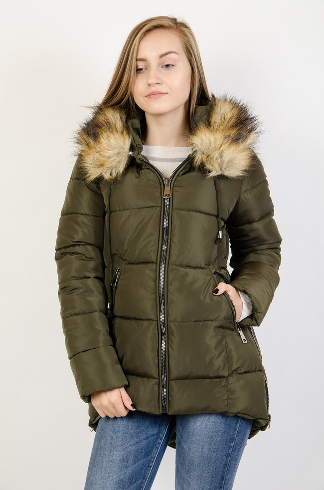 Zielona ocieplana kurtka z zamkami po bokach