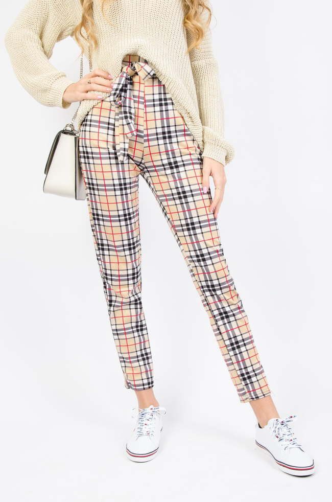 BEŻOWE SPODNIE W KRATĘ- WIĄZANE W PASIE