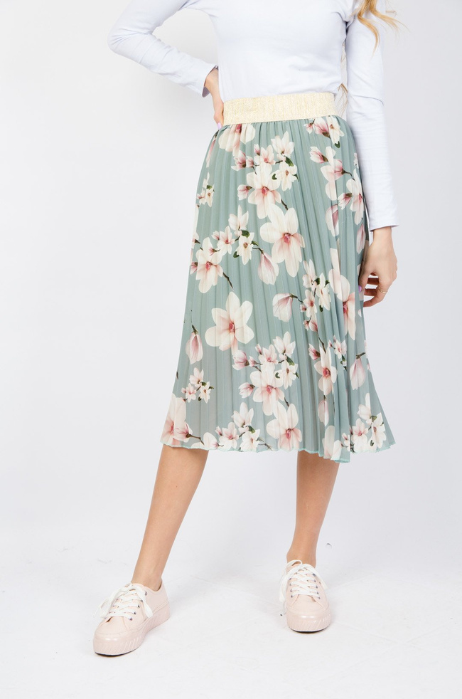 PLISOWANA SPÓDNICA W KWIATY W KOLORZE ZIELONYM