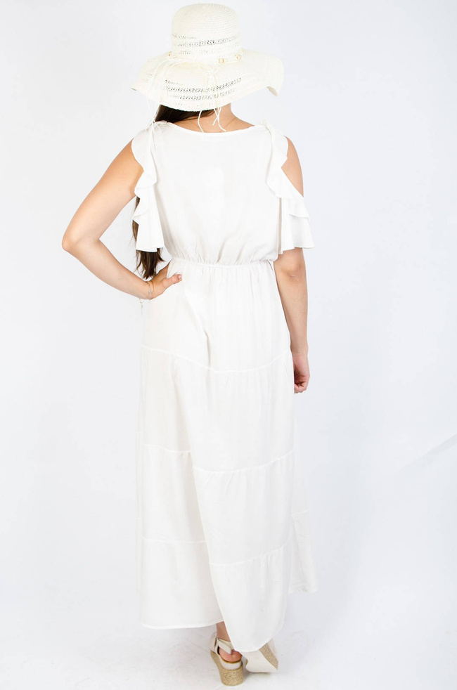 BIAŁA DŁUGA SUKIENKA Z WYCIĘCIEM NA RAMIONACH 