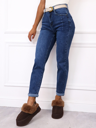 SPODNIE JEANSOWE MOM FIT Z PRZESZYCIAMI PUSH UP+ PASEK