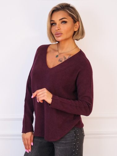 SWETER DZIANINOWY OVERSIZE Z DEKOLTEM W SEREK- BORDOWY