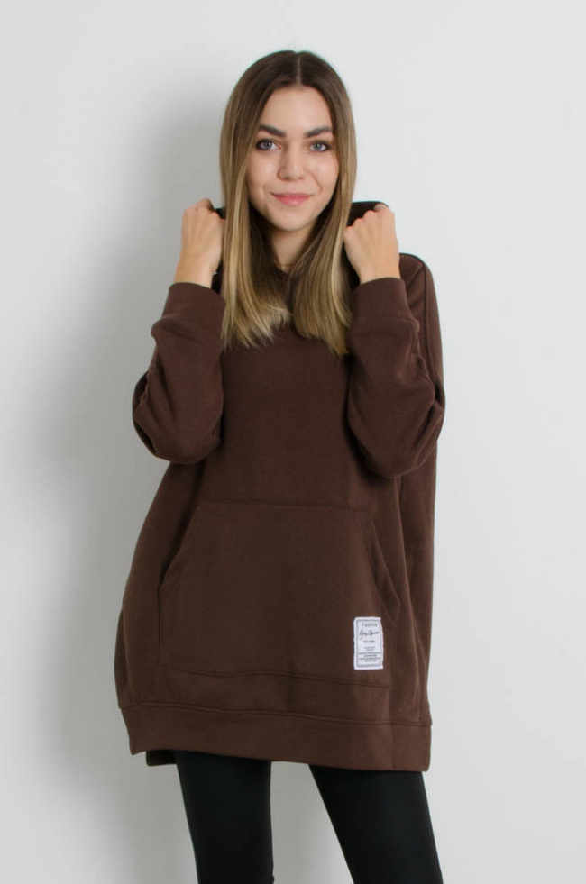 BLUZA OVERSIZE Z ROZCIĘCIAMI PO BOKACH I OZDOBNĄ NASZYWKĄ- CIEMNY BRĄZ