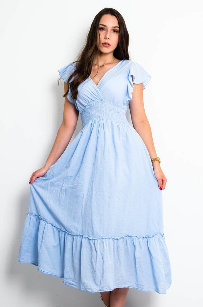 NIEBIESKA DŁUGA MUŚLINOWA SUKIENKA NA ZAKŁĄDKĘ