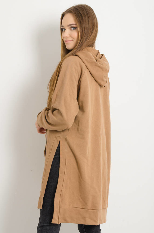 DŁUGA BLUZA KANGURKA Z ROZCIĘCIAMI PO BOKACH- JASNO BRĄZOWA