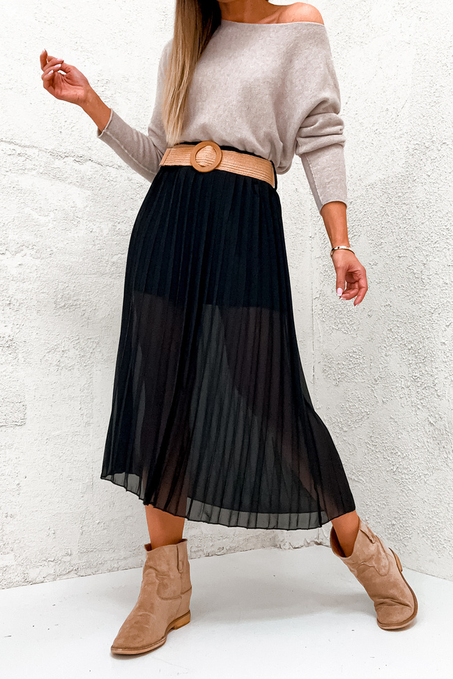 SPÓDNICA MIDI PLISOWANA Z PASKIEM- CZARNA