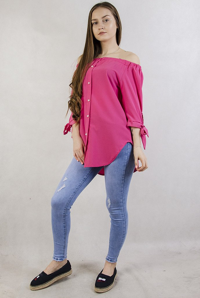 Ciemnorózowa bluzka hiszpanka z koralikami