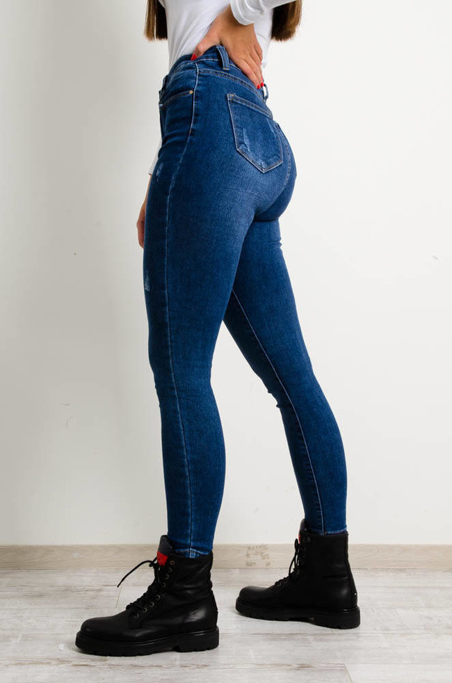 CIEMNE SPODNIE JEANSOWE Z PRZETARCIAMI-WYSOKI STAN