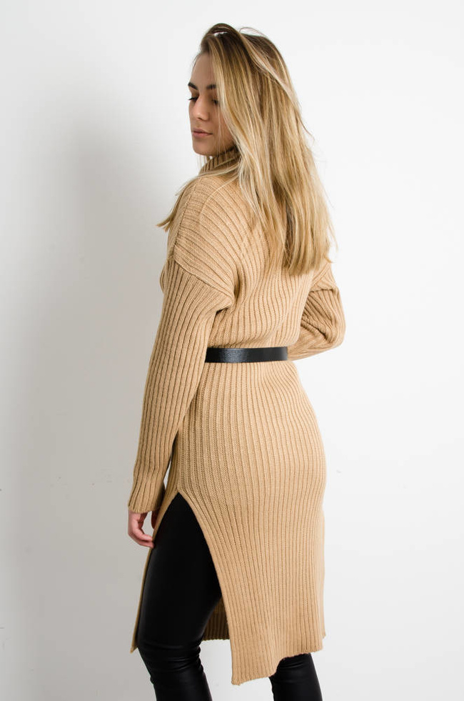 BRĄZOWA SWETERKOWA SUKIENKA Z GOLFEM + PASEK