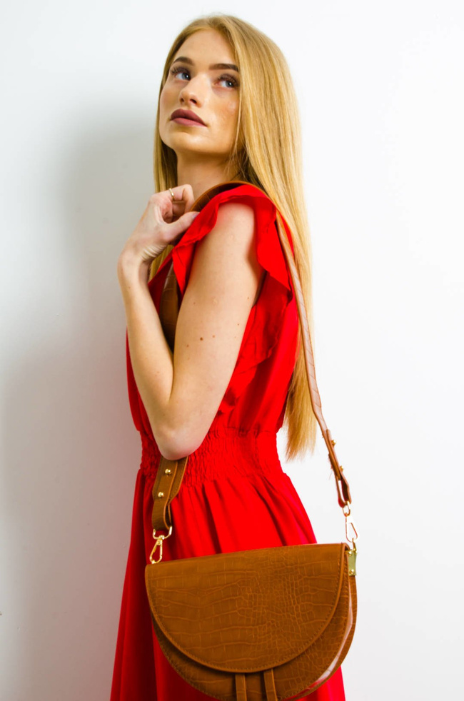 DŁUGA CZERWONA SUKIENKA Z KOPERTOWYM DEKOLTEM