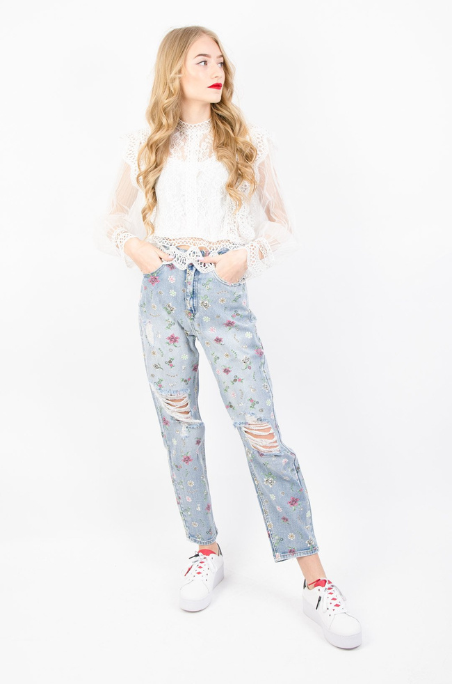 SPODNIE RELAXED FIT W DROBNE KWIATY Z PRZETARCIAMI