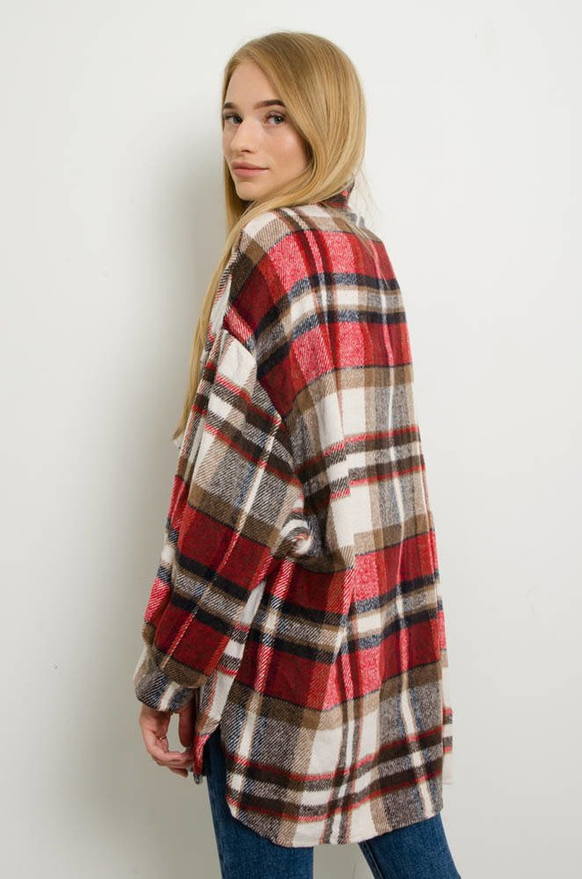 KURTKA KOSZULOWA W KRATĘ - CZERWONA