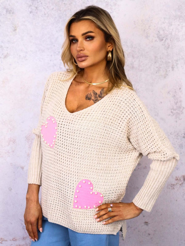 SWETER Z SERDUSZKAMI OVERSIZE- BEŻOWY
