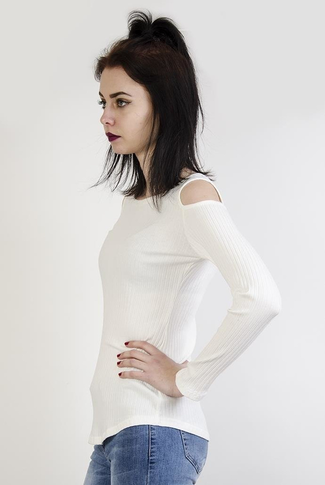 Biała prążkowana bluzka z wycięciami na ramionach