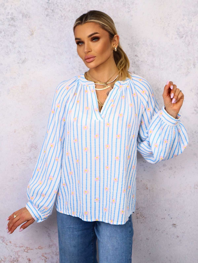 BLUZKA KOSZULOWA W PASKI I KWIATKI- NIEBIESKA