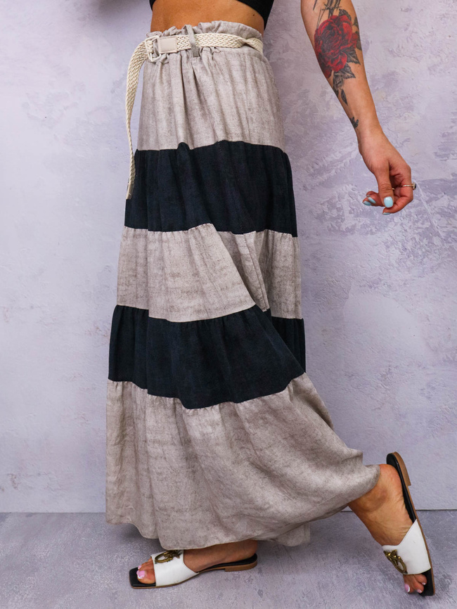 SPÓDNICA MAXI Z ŁĄCZONYCH MATERIAŁÓW+ PASEK- CZARNA