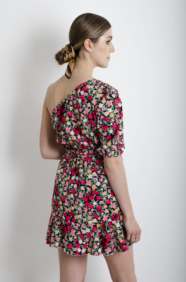 SUKIENKA W KWIATY NA JEDNO RAMIĘ - CZARNA