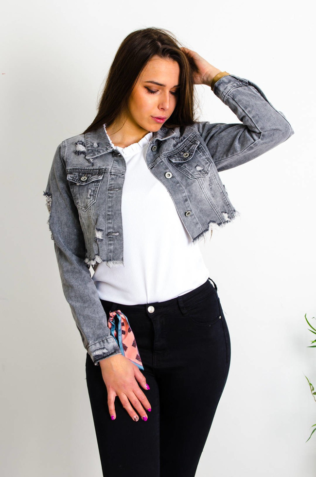 SZARA KURTKA JEANSOWA KRÓTKA-POSZARPANA