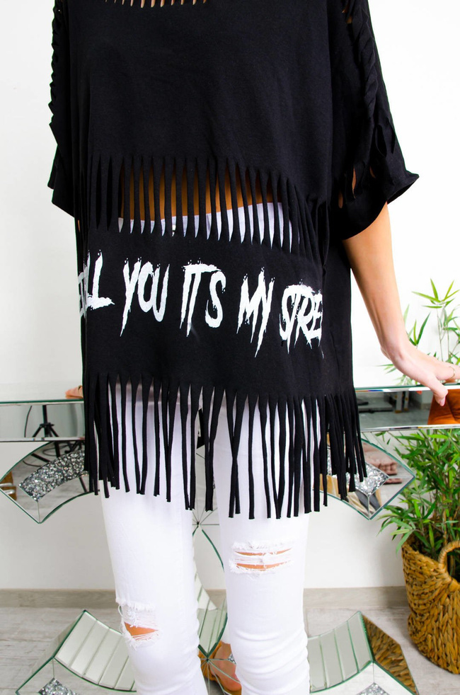 CZARNY BAWEŁNIANY T-SHIRT Z FRĘDZLAMI