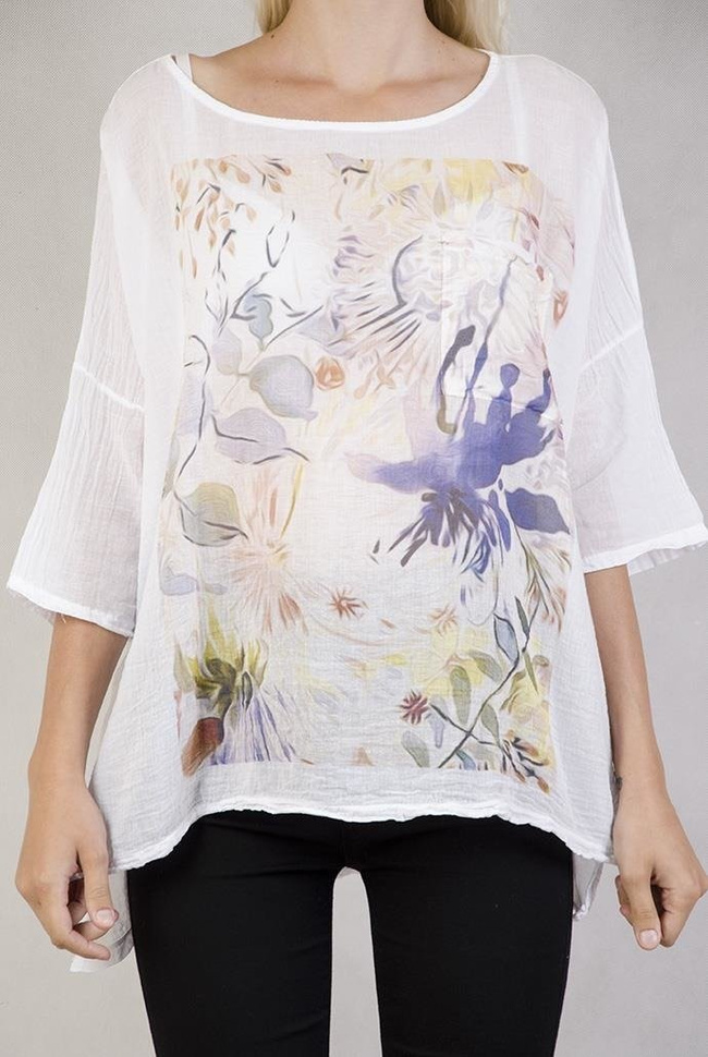 Bluzka biała z pięknym nadrukiem i przedłużanym tyłem