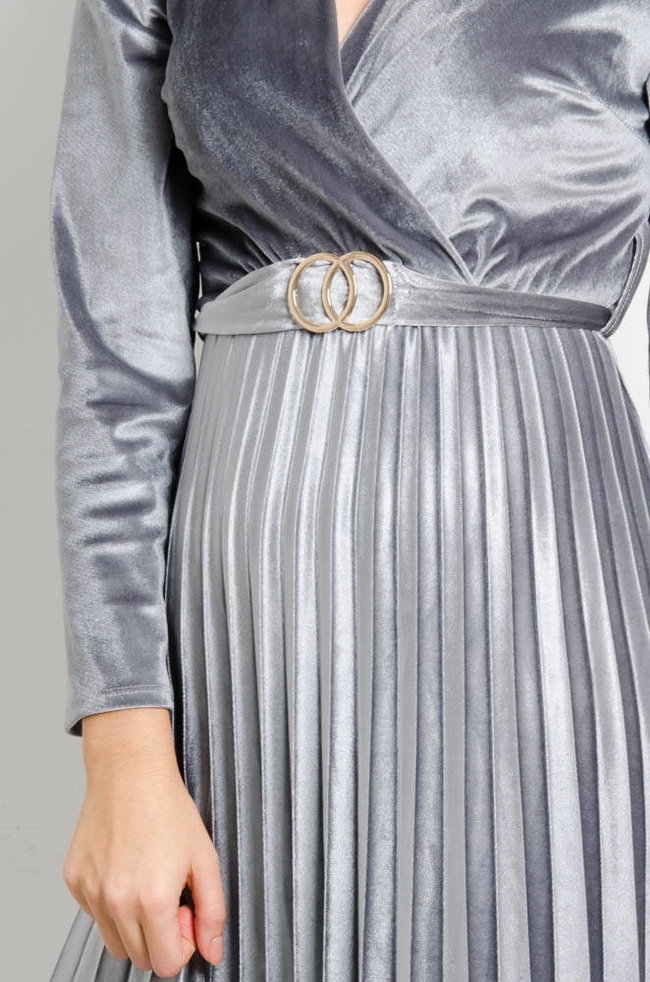 SZARA WELUROWA SUKIENKA Z PLISOWANIEM