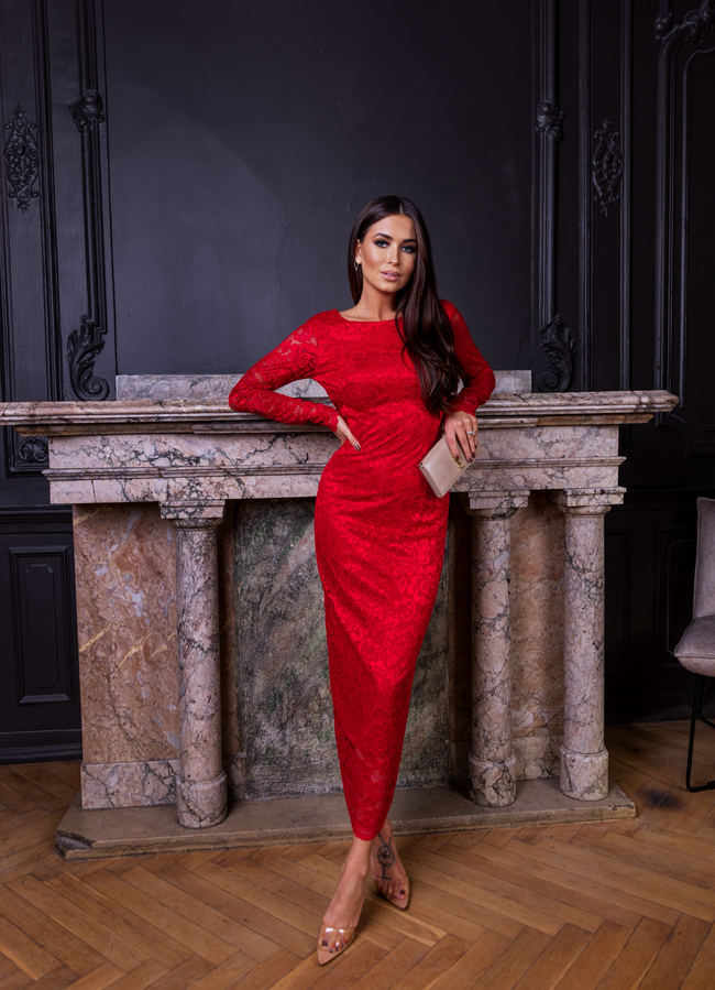 KORONKOWA SUKIENKA MAXI Z WYCIĘCIEM Z TYŁU- CZERWONA