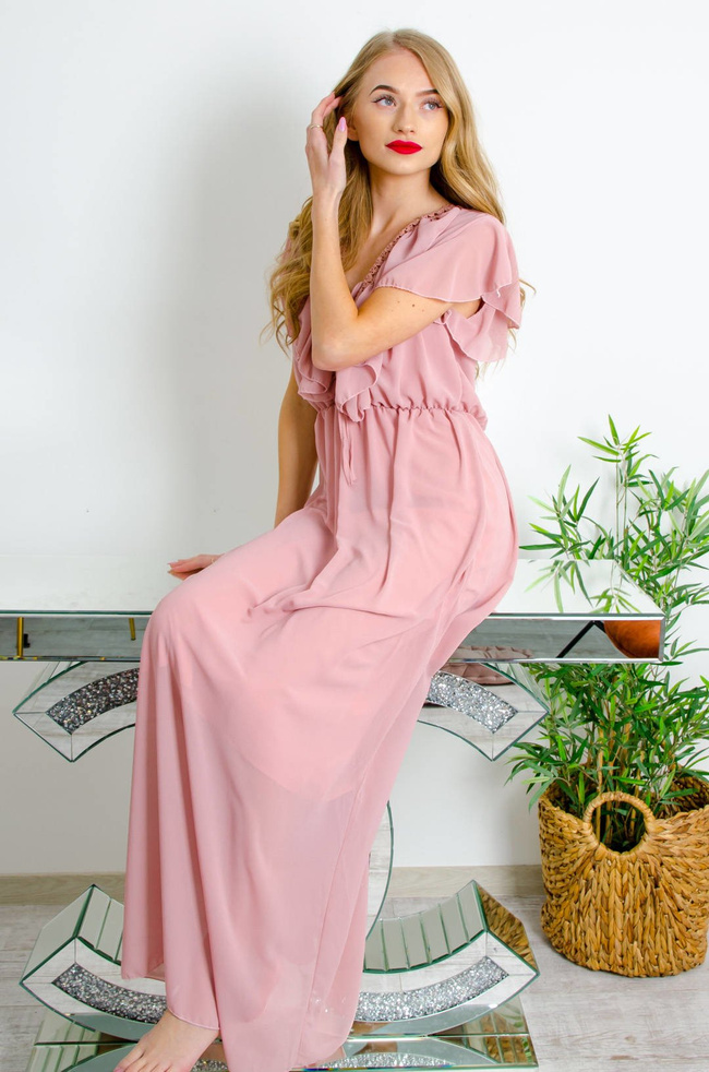 DŁUGA ELEGANCKA SUKIENKA MAXI Z ŻABOTEM - BRUDNY RÓŻ