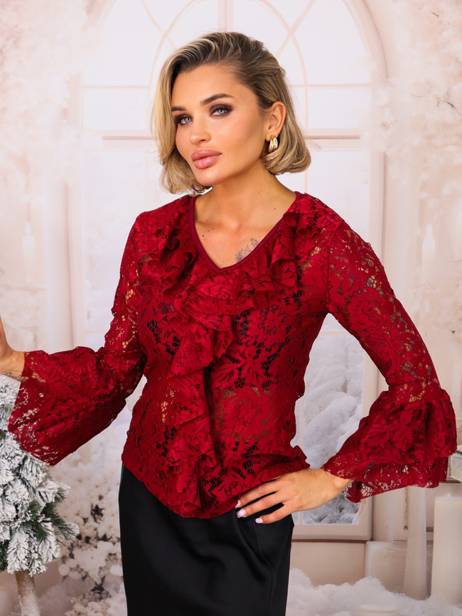 BLUZKA KORONKOWA Z FALBANAMI- BORDOWA