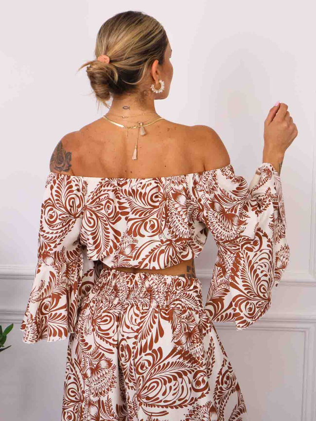 KOMPLET WZORZYSTY TOP+ SPODNIE- BRĄZOWY