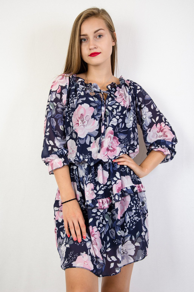 Granatowa sukienka w różowe kwiaty