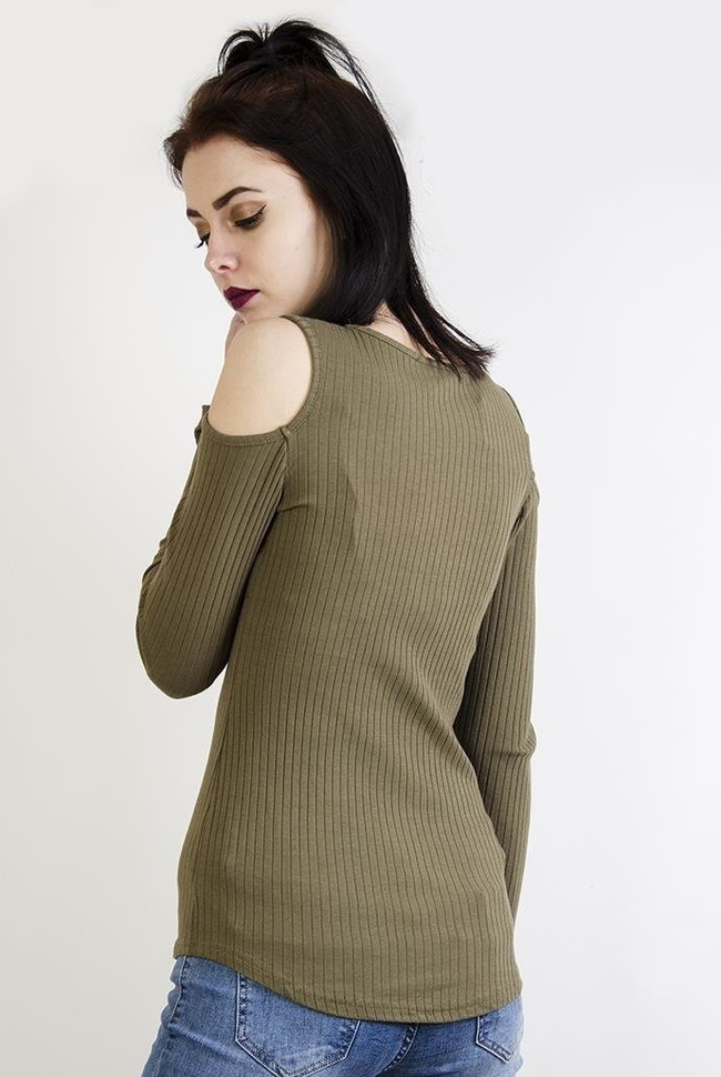 Zielona prążkowana bluzka z odkrytymi ramionami zapinana na zamek