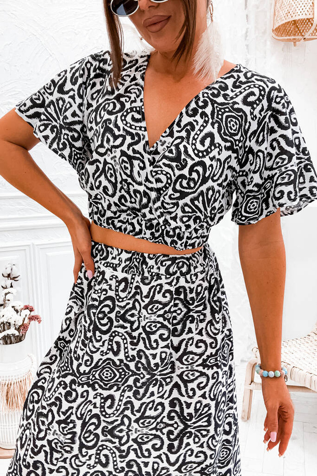 WZORZYSTY KOMPLET SPÓDNICA MAXI+WIĄZANY TOP- CZARNY