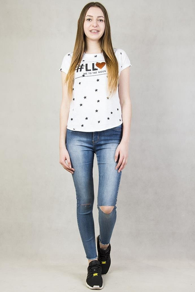 Biała bluzka w gwiazdki z napisem F#llow me to the moon