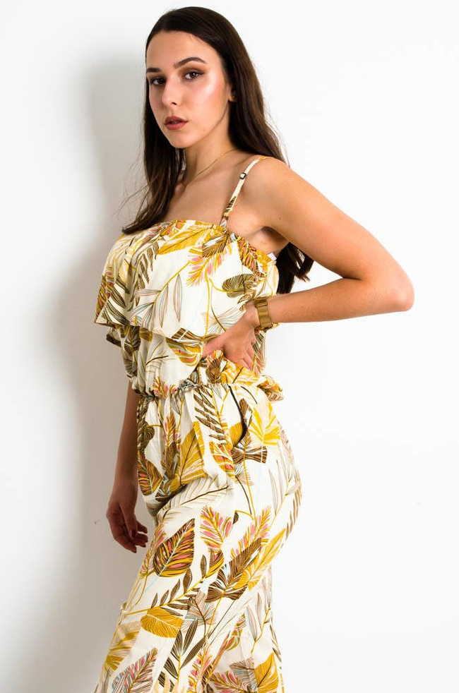 BEŻOWY KOMBINEZON W KWIATY Z HISZPAŃSKIM DEKOLTEM 