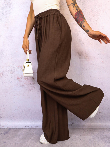 SPODNIE MATERIAŁOWE Z SZEROKIMI NOGAWKAMI- CIEMNOBRĄZOWE