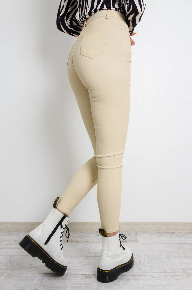 SPODNIE WOSKOWANE Z WYSOKIM STANEM- BEŻOWE