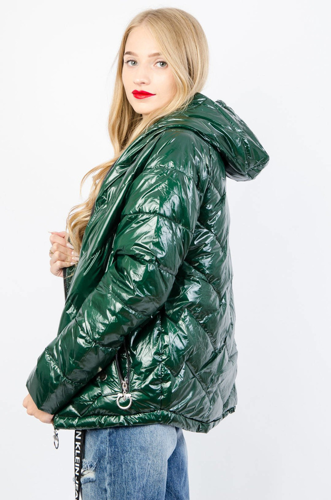 ZIELONA BŁYSZCZĄCA KURTKA Z KAPTUREM