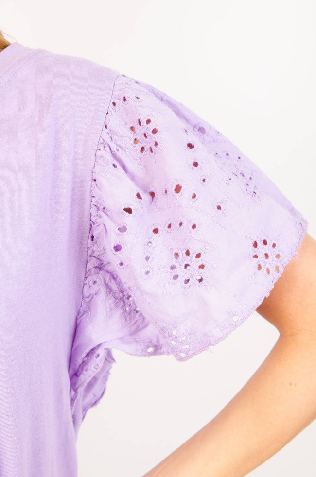 FIOLETOWA BAWEŁNIANA BLUZKA Z AŻUROWYMI RĘKAWAMI