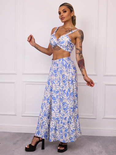 KOMPLET WZORZYSTY TOP+ SPÓDNICA Z ROZCIĘCIEM- NIEBIESKI